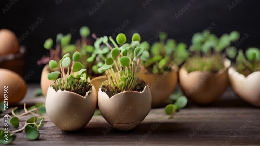 Easter eggs with microgreen on brown wooden table, black background. Happy Easter. Zero waste Easter eggs with microgreen on brown wooden table, black background. Happy Easter. Zero waste