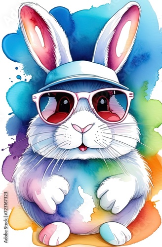 Easter bunny in sunglasses and baseball cap. baseball game for Easter. Spring Flowers and Green Grass. Sunbeams. watercolor