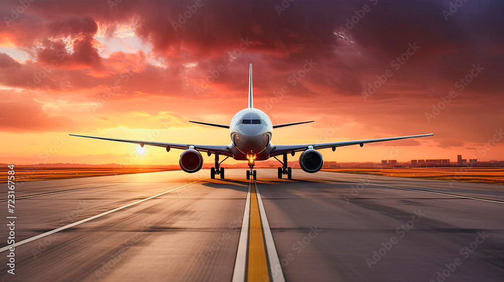 the background of the setting sun the plane rolls down the runway against the background of the setting sun the plane rolls down the runway against