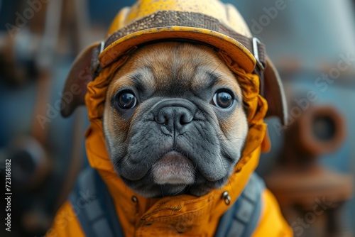 A fashionable pug bulldog hits the streets, donning a bright yellow helmet and jacket to protect its precious snout while exploring the great outdoors photo