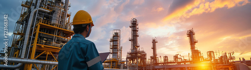 An engineer with a clipboard in hand assesses the sprawling oil refinery operations as the day ends.
