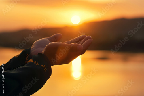 The man's palms look up in prayer, Eastern traditions. Concept of islamic religion Ramadan Eid al-Adha, Eid al-fit