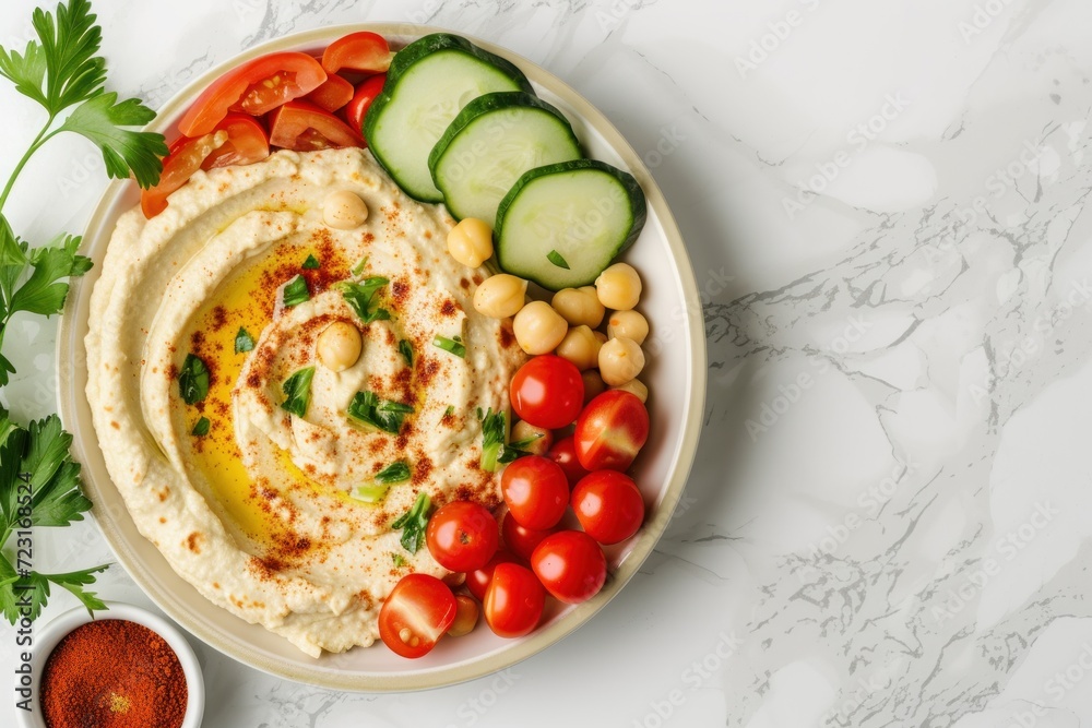 Hummus and vegetable tortilla on marble table for text Hummus and vegetable tortilla on marble table for text