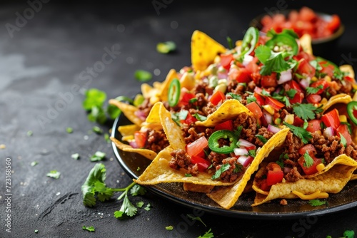 Mexican food concept Loaded minced pork nachos side view black wall background space for text photo