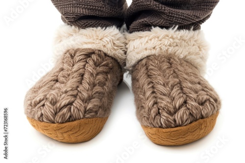 Closeup of man wearing comfy slippers on white background