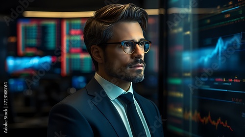 Portrait of a handsome young businessman wearing glasses and a suit. Stock exchange trading concept.