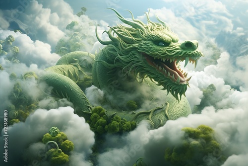 Beautiful Green Chinese Dragon Soaring Majestically through Fluffy White Clouds in the Sky © Emvats