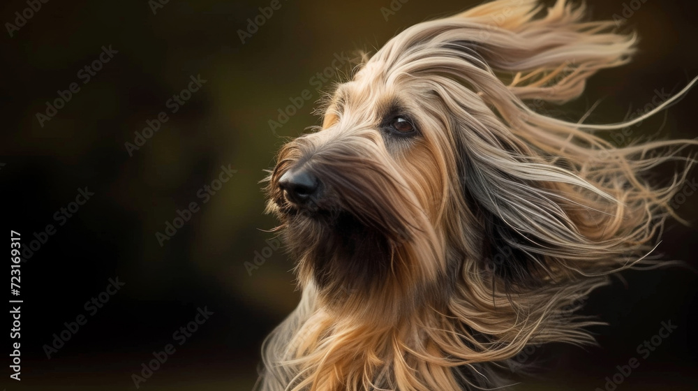 Naklejka premium A dog with long hair blowing in the wind in style of fashion editorial. Dog coat on dark background.