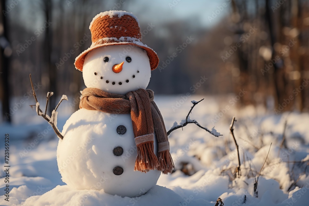 Fototapeta premium Cheerful snowman in hat and scarf standing on forest background on sunny winter day
