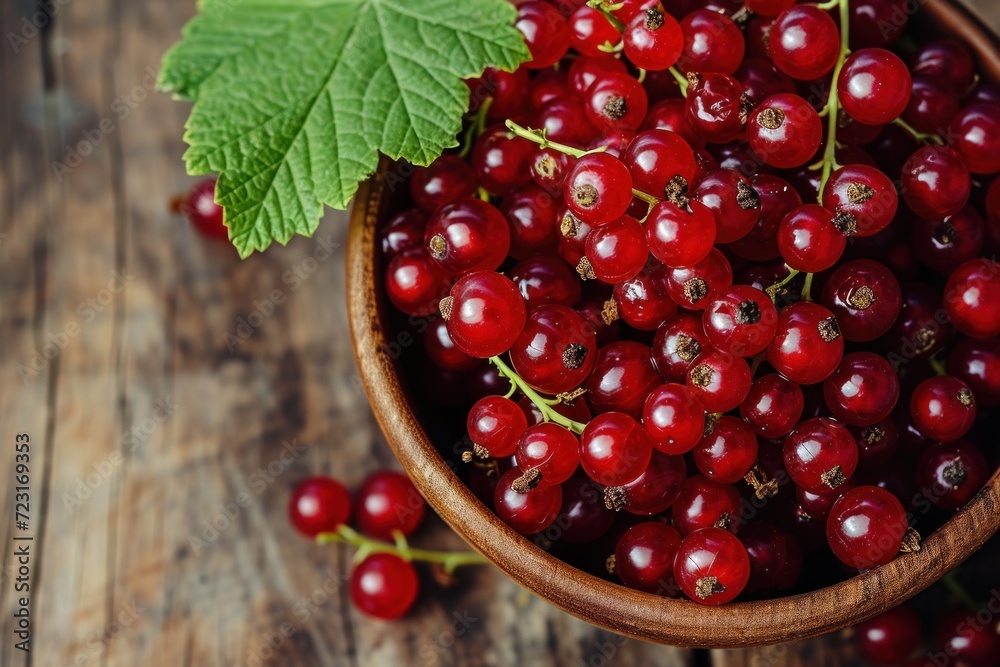 Red currants in a wooden bowl with leaves Red currants in a wooden bowl with leaves
