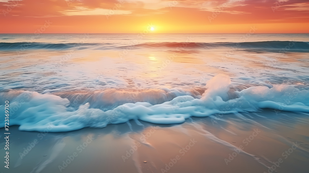 Obraz premium Sandy beach with light blue transparent water waves and sunlight, tranquil aerial beach scene