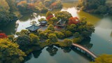 Mesmerizing bird's-eye view of a meticulously designed Japanese classical garden resembling a miniature representation.