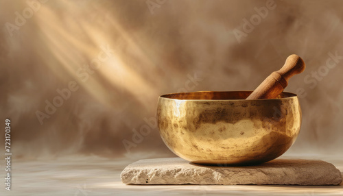 Singing bowl for relaxation massage and meditation. Himalayan and Tibetan alternative medicine concept with singing bowls for yoga practice, sound healing and harmony.