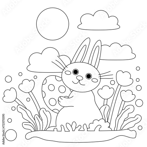 Cute Easter Bunny and flowers coloring page for kids