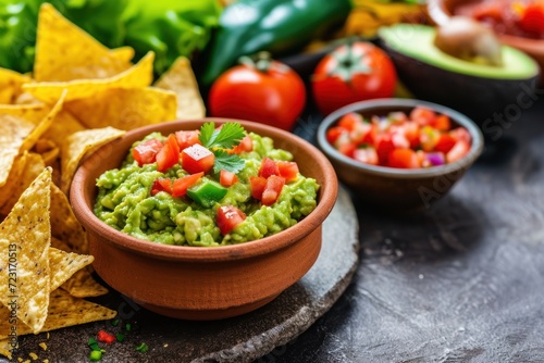 Mexican guacamole and salsa dip served with nachos