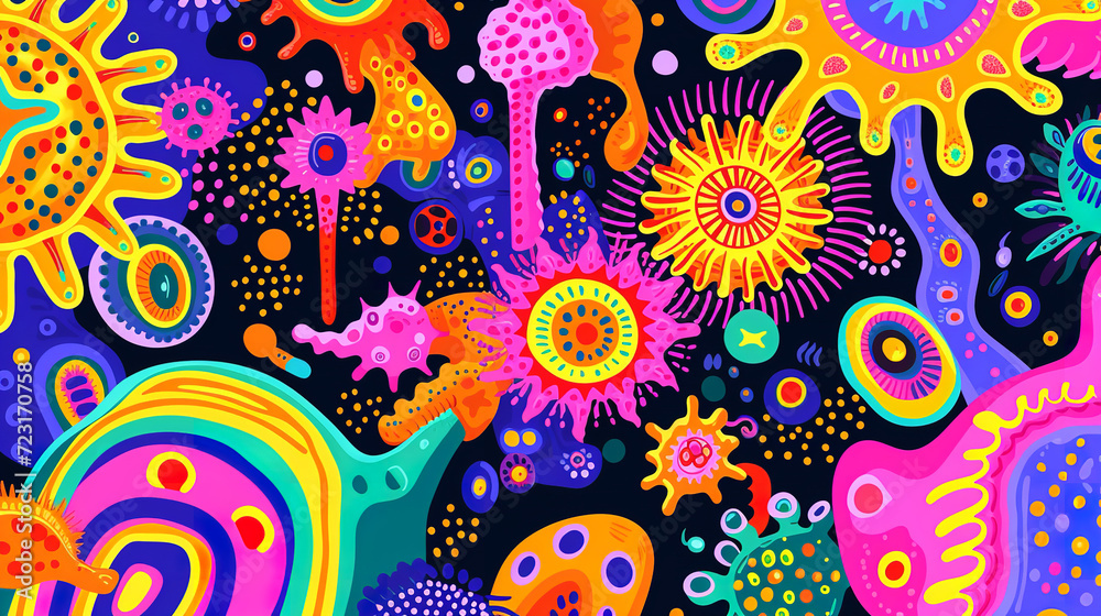 A 70s psychedelic style illustration of viruses, inspired by the vibrant color scheme A 70s psychedelic style illustration of viruses, inspired by the vibrant color scheme
