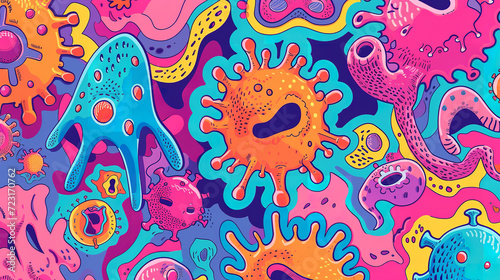 A 70s psychedelic style illustration of viruses, inspired by the vibrant color scheme