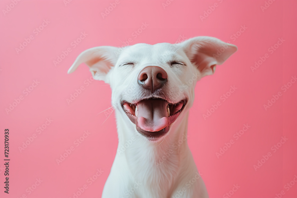 A photograph of a white dog with its eyes closed in joy, mouth open in a carefree smile against a pink pastel background
