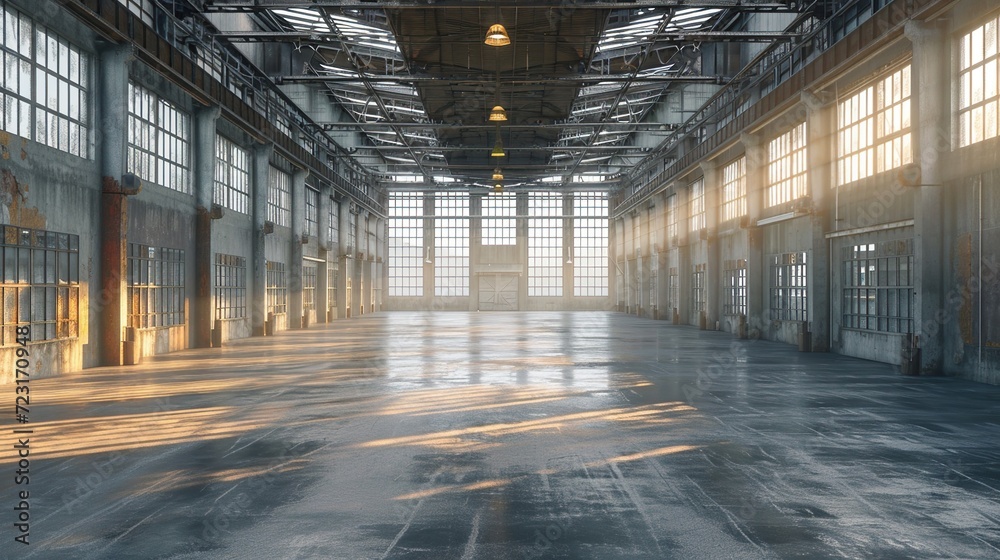 Warehouse or industry building interior. Empty space and concrete floor.