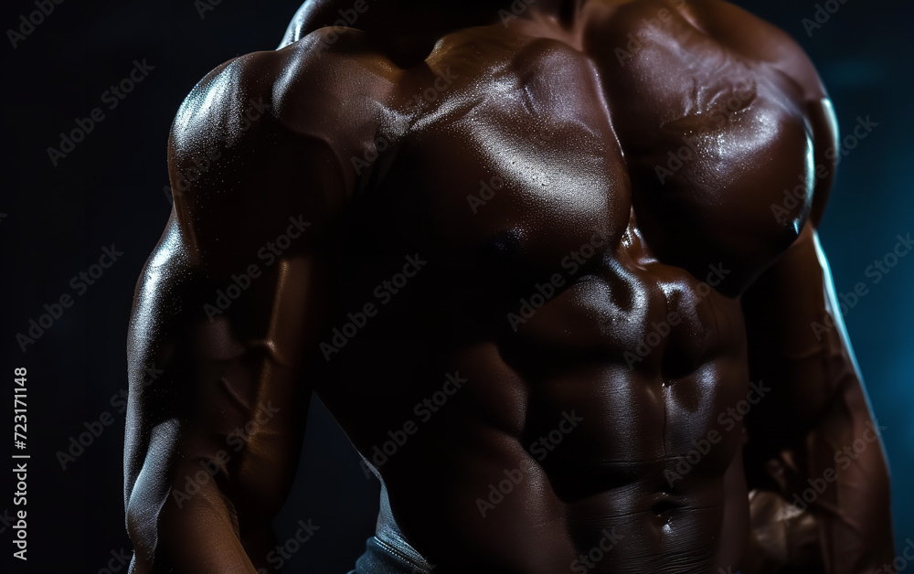 Bodybuilder in a pose on a black background close-up