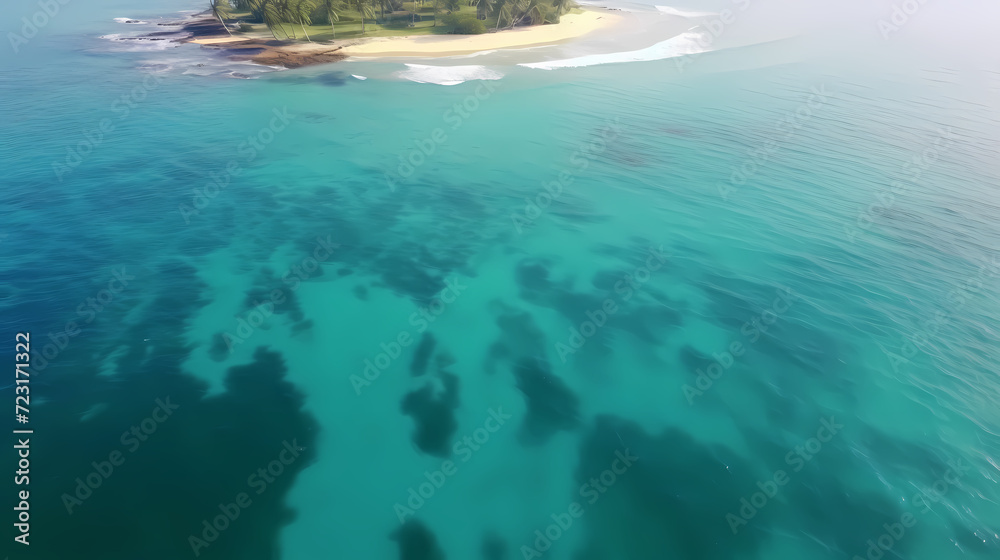 Sandy beach with light blue transparent water waves and sunlight, tranquil aerial beach scene