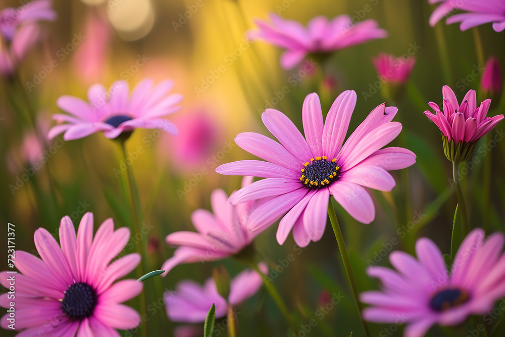 Field of pink daisy flower close-up Field of pink daisy flower close-up