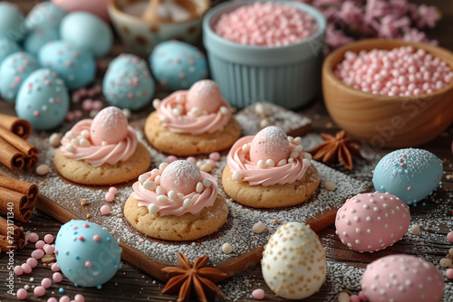 kitchen scene with Easter-themed baking activities