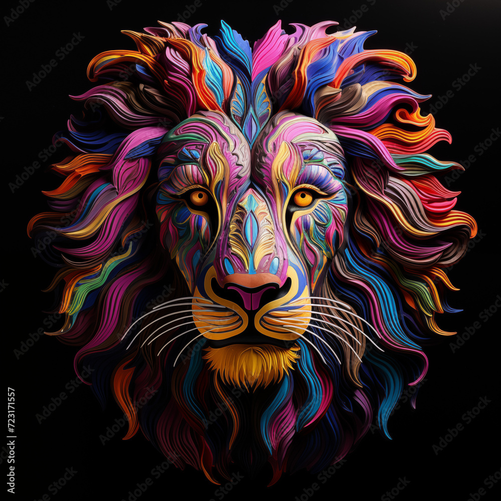 Lion Head in Burst of Color on Black Background