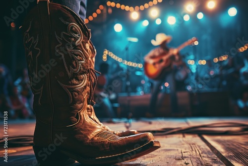 Country music festival live event featuring cowboys in a barn setting photo