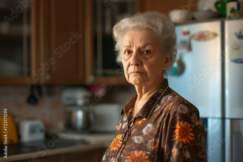 grandmother standing in the kitchen, looking at the camera