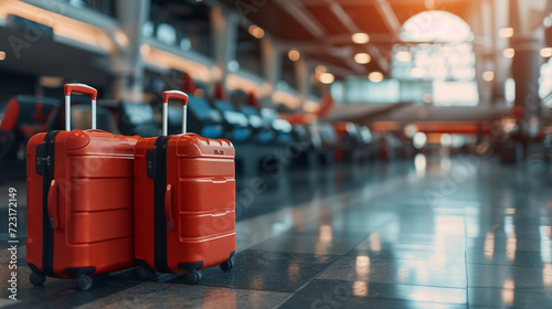 planning for business travel trip schedule and searching for a flight booking or for vacations and holiday travel concepts as wide banner of luggage suitcases at the airport