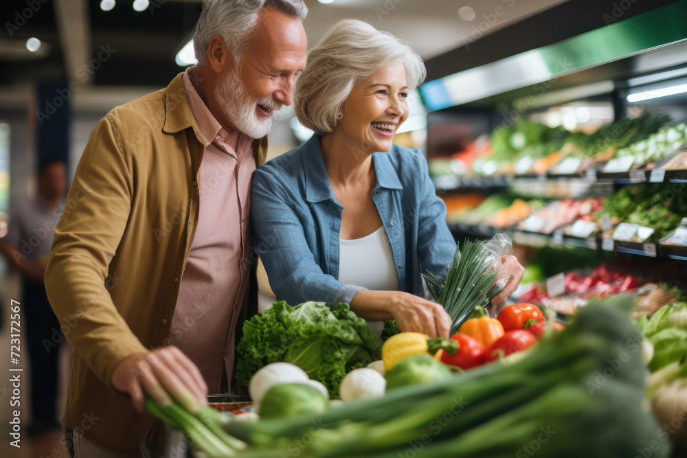 Mature caucasian Couple Selecting Fresh Vegetables and Fruits - Healthy Choices Together.