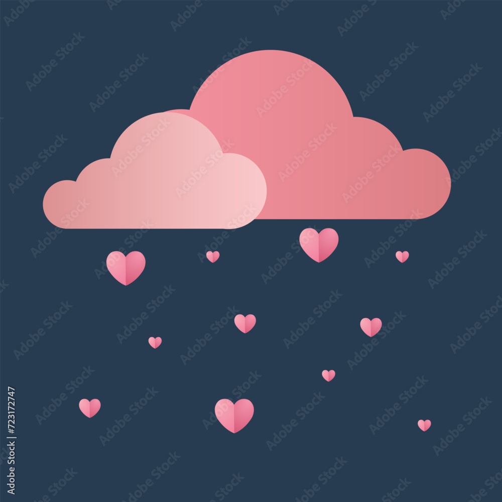Clouds on dark background with rain of hearts for Valentine s Day