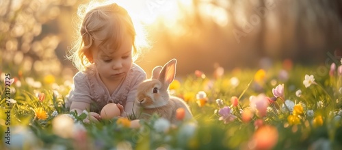 Cute little girl playing with easter eggs in blooming garden. Generative AI. © Aga Bak