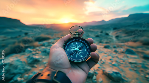 A hand holding a compass pointing north in a desert photo