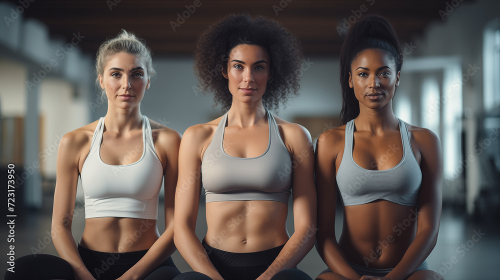 Group of three beautiful healthy and fit multiracial women looking at the camera after a training Group of three beautiful healthy and fit multiracial women looking at the camera after a training