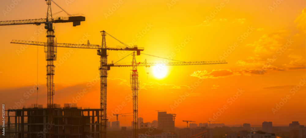 Silhouette of modern office building construction tower crane on high ground heavy industry against sunset orange background, real estate development, architecture concept, blurred image