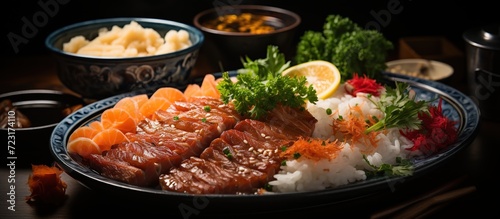 The most delicious shabu-shabu meat. Shabu-shabu or Sukiyaki. Beef slice on plate. photo