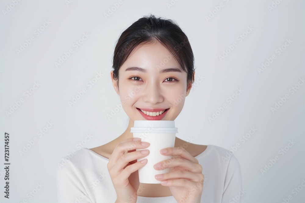 コーヒーを手に持つ日本人女性(背景なし・白背景・珈琲) コーヒーを手に持つ日本人女性(背景なし・白背景・珈琲)