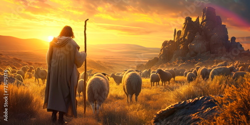 Jesus as the shepherd leading humanity to safety and salvation. Generative AI photo