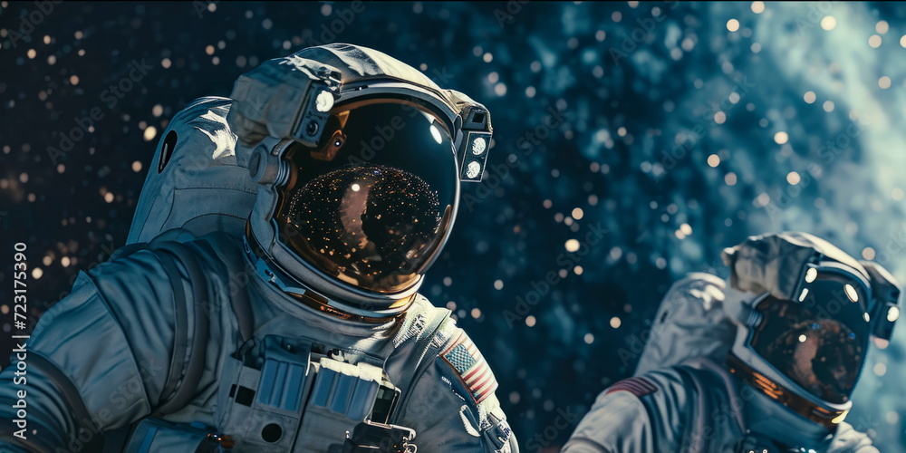 two astronauts in love against the background of outer space, Generative AI two astronauts in love against the background of outer space, Generative AI