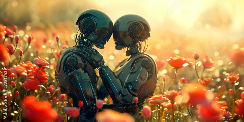Love Without Borders, Two robots in love hug among flowers . Generative AI Love Without Borders, Two robots in love hug among flowers . Generative AI