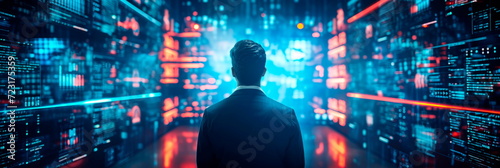 cybersecurity specialist analyzing digital threats on a virtual screen against the backdrop of a secure and efficient business environment . Generative AI