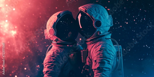 two astronauts in love against the background of outer space, Generative AI © Лилия Захарчук