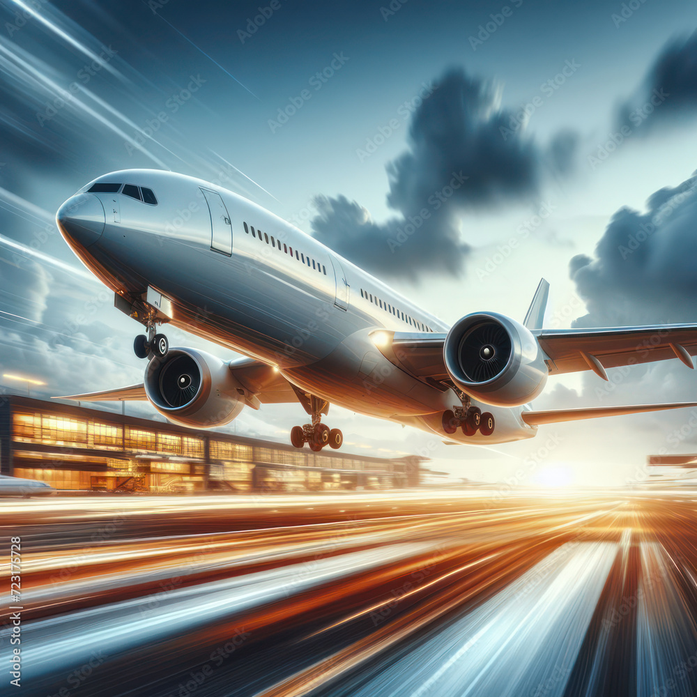 Obraz premium Airplane taking off from Airport runway, Commercial plane and Travel concept, Aircraft with motion, jet, Passenger airplane ready for flight. airliner, Aviation and Travel Concept.