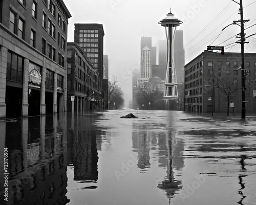 Urban Flood Crisis - Seattle streets submerged in a massive flood, deserted and stranded wildlife in a polluted environment Gen AI photo