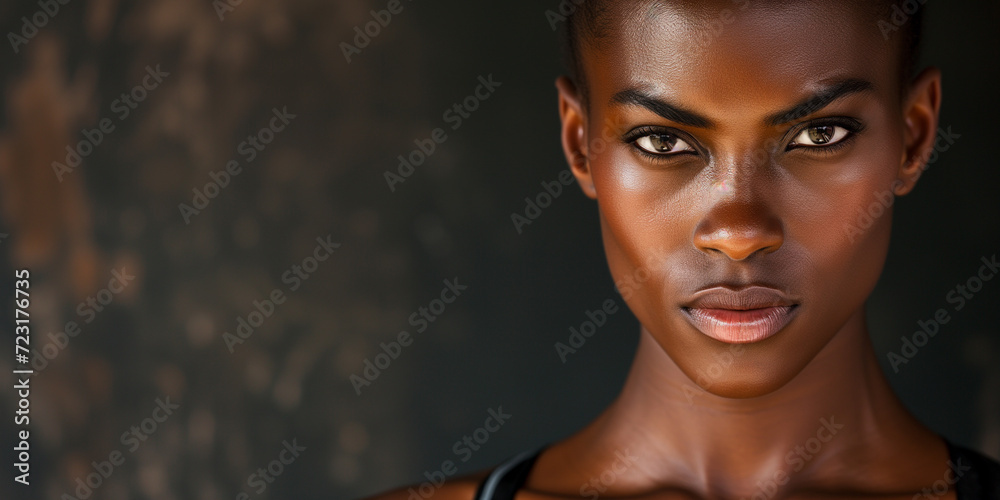 Powerful portrait of a Black female, her glowing complexion contrasts with the moody backdrop - obrazy, fototapety, plakaty 