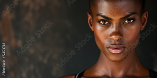 Powerful portrait of a Black female, her glowing complexion contrasts with the moody backdrop photo