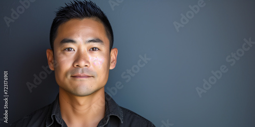 A portrait of an Asian male with a scarred face, wearing a casual black shirt against a cool-toned backdrop