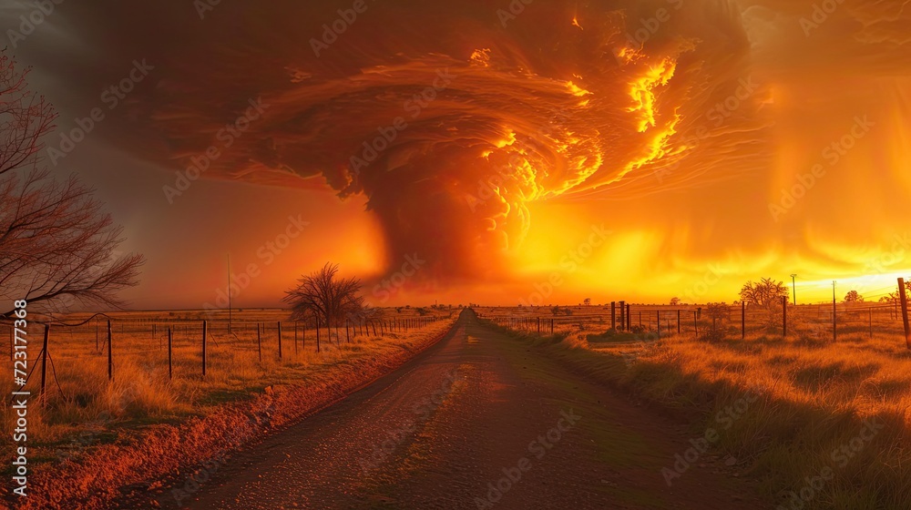 tornado on the road in a field sunset colors.Generative AI